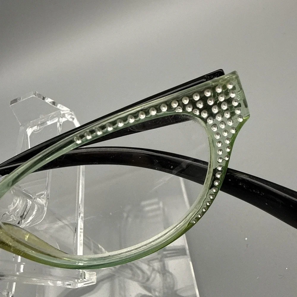 Crystal Rhinestone Cat Eyes Reading Glasses Optical Lens Clear Bling Green/Black